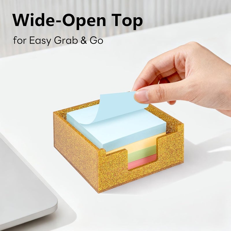 Luminzo Gold Sparkling Sticky Note Holder, Glitter Acrylic Organizer, 3.94 x 3.94 in Multi-Use Tray for Office, School & Home Desk - Image 5
